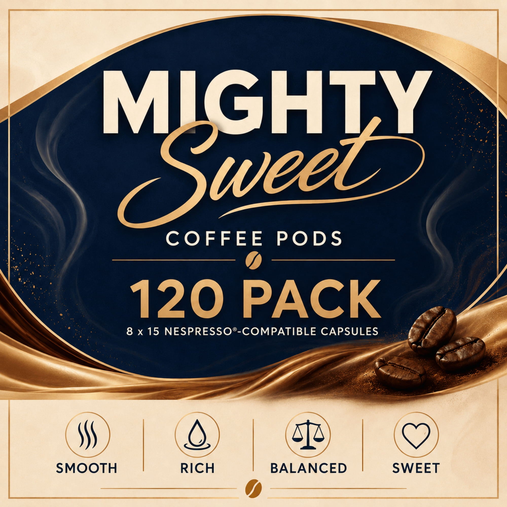 Mighty Sweet Coffee Pods 120 Pack packaging graphic, featuring a dark navy blue and gold design with text and coffee bean illustrations on a beige background.